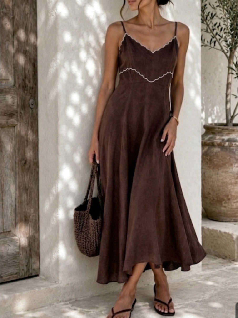 caroline constas brown gingham dress | Dresses | Caroline Constas Chocolate White Beaded Scalloptrim Maxi Linen S Layer over flare jeans Size:6/6X searchable:Keyhole Polka dot SHEIN BAE Women's Elegant